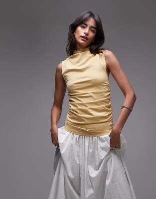 & Other Stories sleeveless supersoft drape jersey top with high neck in butter yellow-Neutral