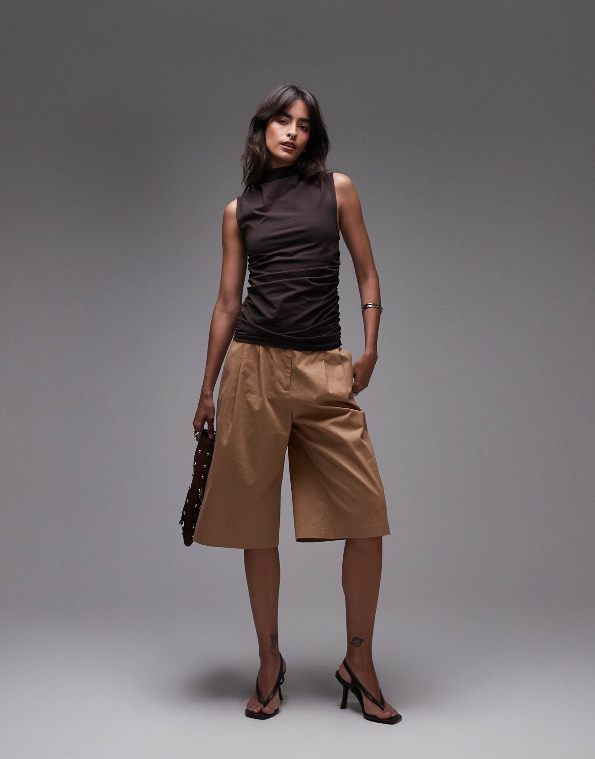 & other stories sleeveless supersoft draped jersey top with high neck in brown