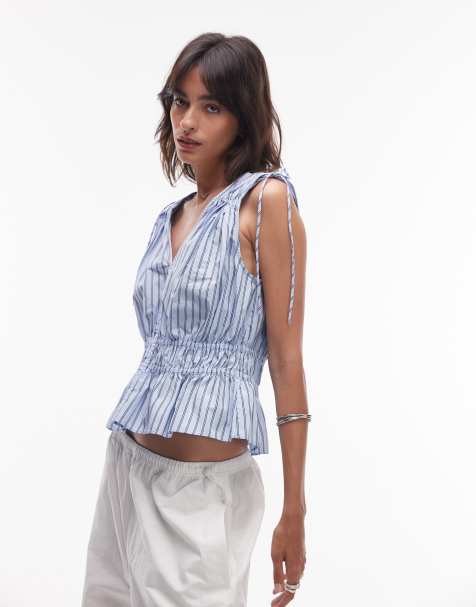 & Other Stories sleeveless top with drawstring and elasticated detail in blue stripe - view 1