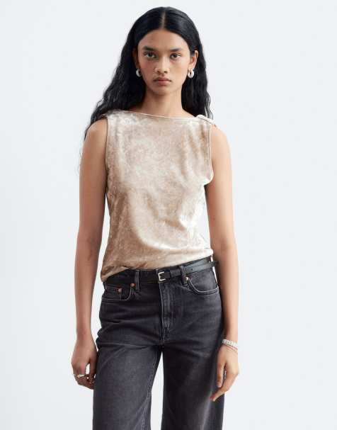 & Other Stories sleeveless velvet top with cowl neck back in beige