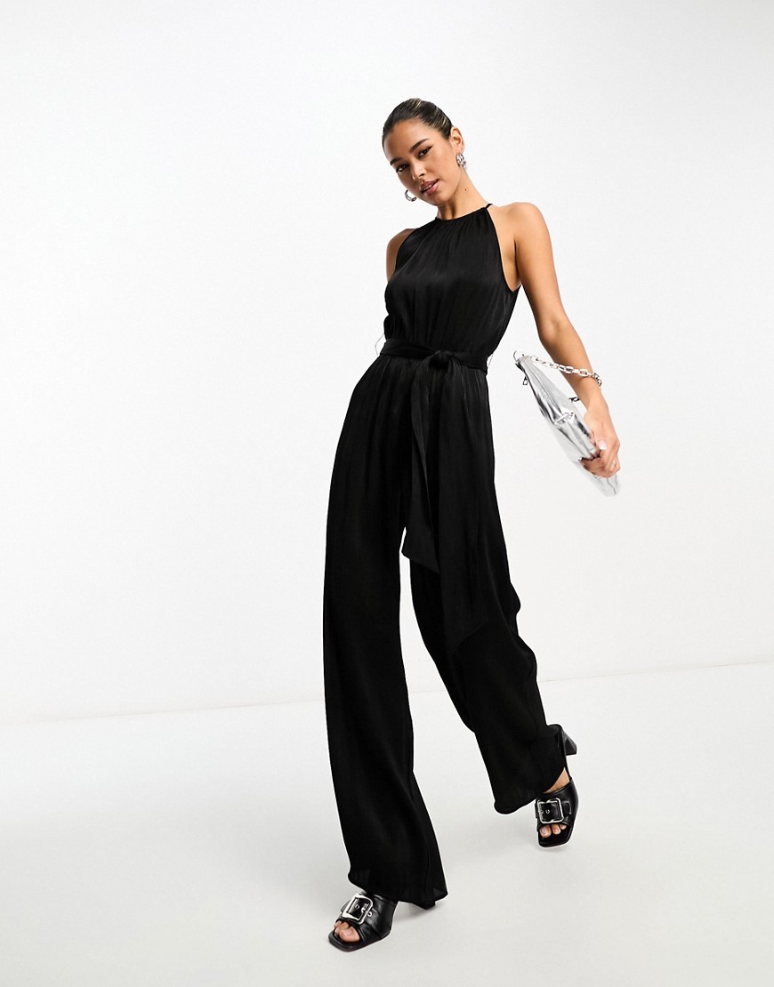 Other Stories &  Sleeveless Wide Leg Jumpsuit With Tie Detail In Shimmer Crinkle Black