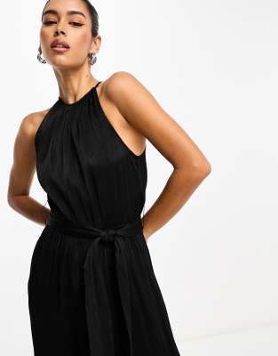 & Other Stories sleeveless wide leg jumpsuit with tie detail in shimmer  crinkle black