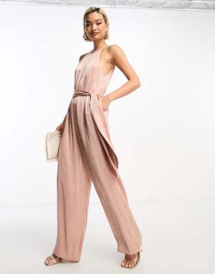 & Other Stories sleeveless wide leg jumpsuit with tie detail in shimmer dusty pink