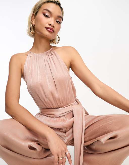 & Other Stories sleeveless wide leg jumpsuit with tie detail in shimmer  dusty pink