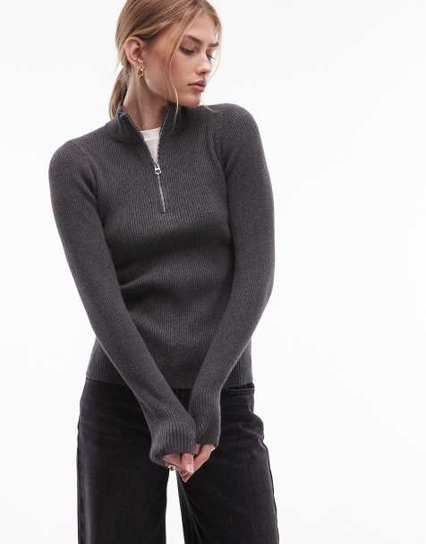& Other Stories slim fit funnel neck fine knit zip up top in dark gray - view 1
