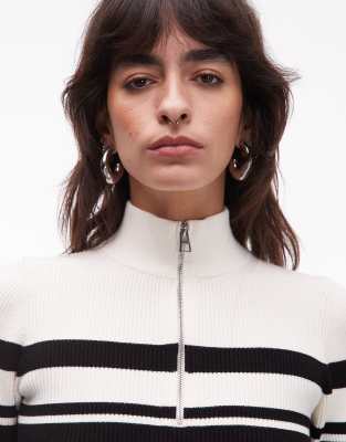& Other Stories Slim Fit Funnel Neck Fine Knit Zip Up Top With Color Block Striped Design In Black