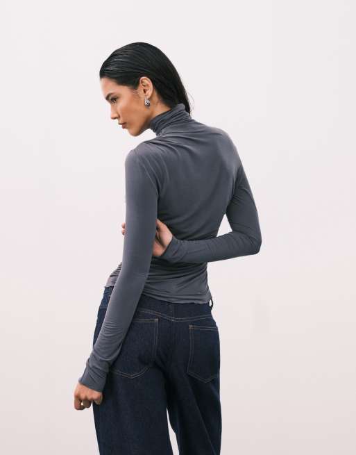 & Other Stories slim fit long sleeve turtle neck asymmetric top in dark gray, 4 of 4