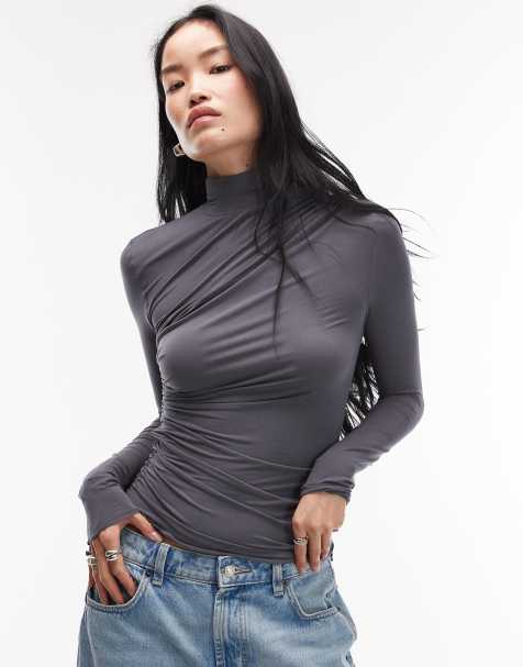 & Other Stories slim fit long sleeve turtle neck asymmetric top in dark grey - view 1