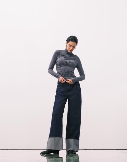 & Other Stories slim fit long sleeve turtle neck asymmetric top in dark grey, 2 of 4
