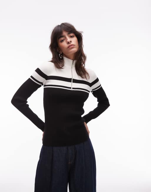 & Other Stories – Slim Fit Oberteil aus Feinstrick mit Stehkragen, Reißverschluss und Colourblock-Streifen in Schwarz und Weiß