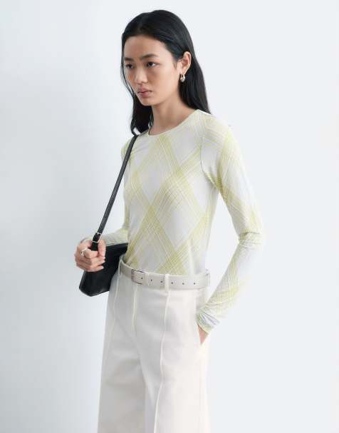 & Other Stories slim fit scoop neck long sleeve top in beige plaid - view 1