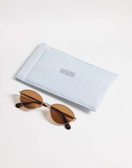 & Other Stories slim oval-frame cateye tinted lense metal frame in gold with linen pouch case, 2 of 3