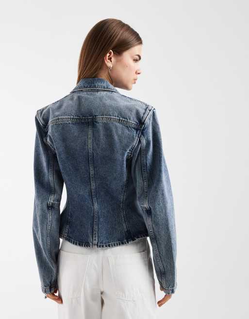 & Other Stories slim zip through denim jacket in mid blue wash, 3 of 4