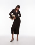 [Other Stories] & Other Stories slinky knitted rib maxi shirt dress in dark brown XS Dark brown