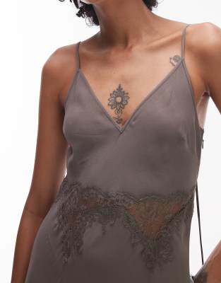 & Other Stories Slip Dress With Lace Panel Inserts And Asymmetric Hem In Brown