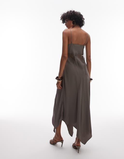 & Other Stories slip dress with lace panel inserts and asymmetric hem in light brown