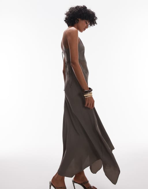 & Other Stories slip dress with lace panel inserts and asymmetric hem in light brown