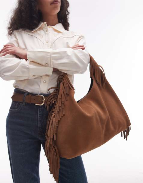 & Other Stories slouchy suede leather fringe shoulder bag in brown - view 1