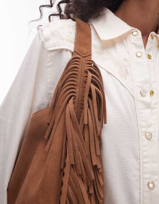 & Other Stories slouchy suede leather fringe shoulder bag in brown