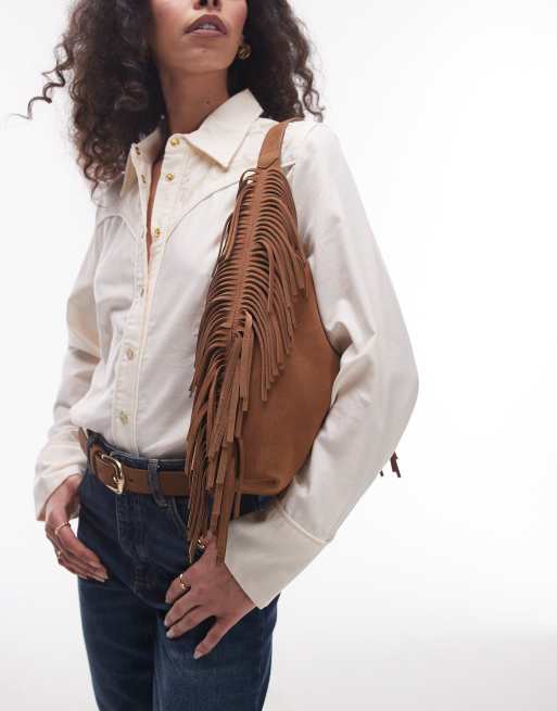 & Other Stories slouchy suede leather fringe shoulder bag in brown