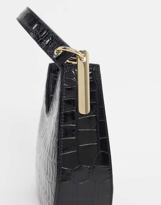 Crocodile Embossed Baguette Bag Small Black