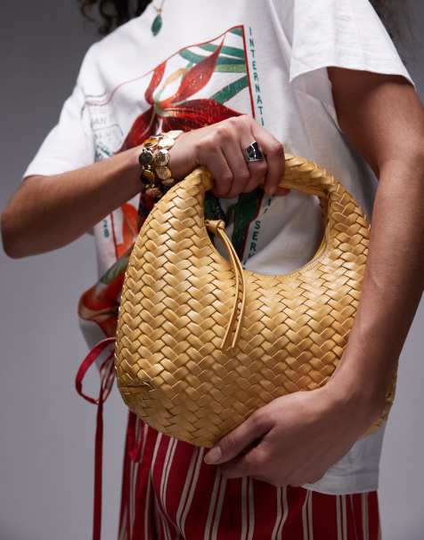 & Other Stories small leather braided curved tote bag in yellow - view 1