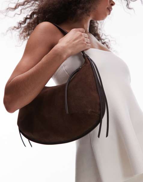 & Other Stories small shoulder curved suede tote bag with leather fringe trims in brown - view 1