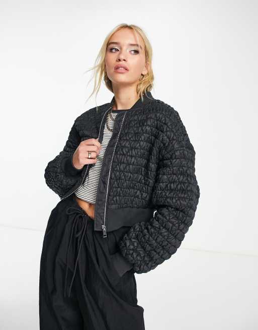 Black Wool Look Slogan Front Cropped Bomber Jacket