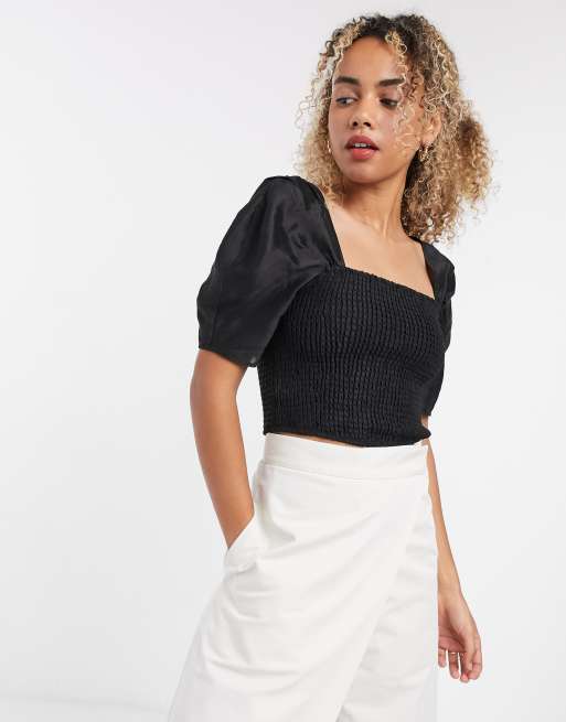  Other Stories smocked puff sleeve top in black