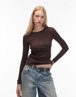 & Other Stories Soft Jersey Rib Knit Long Sleeve Top In Brown