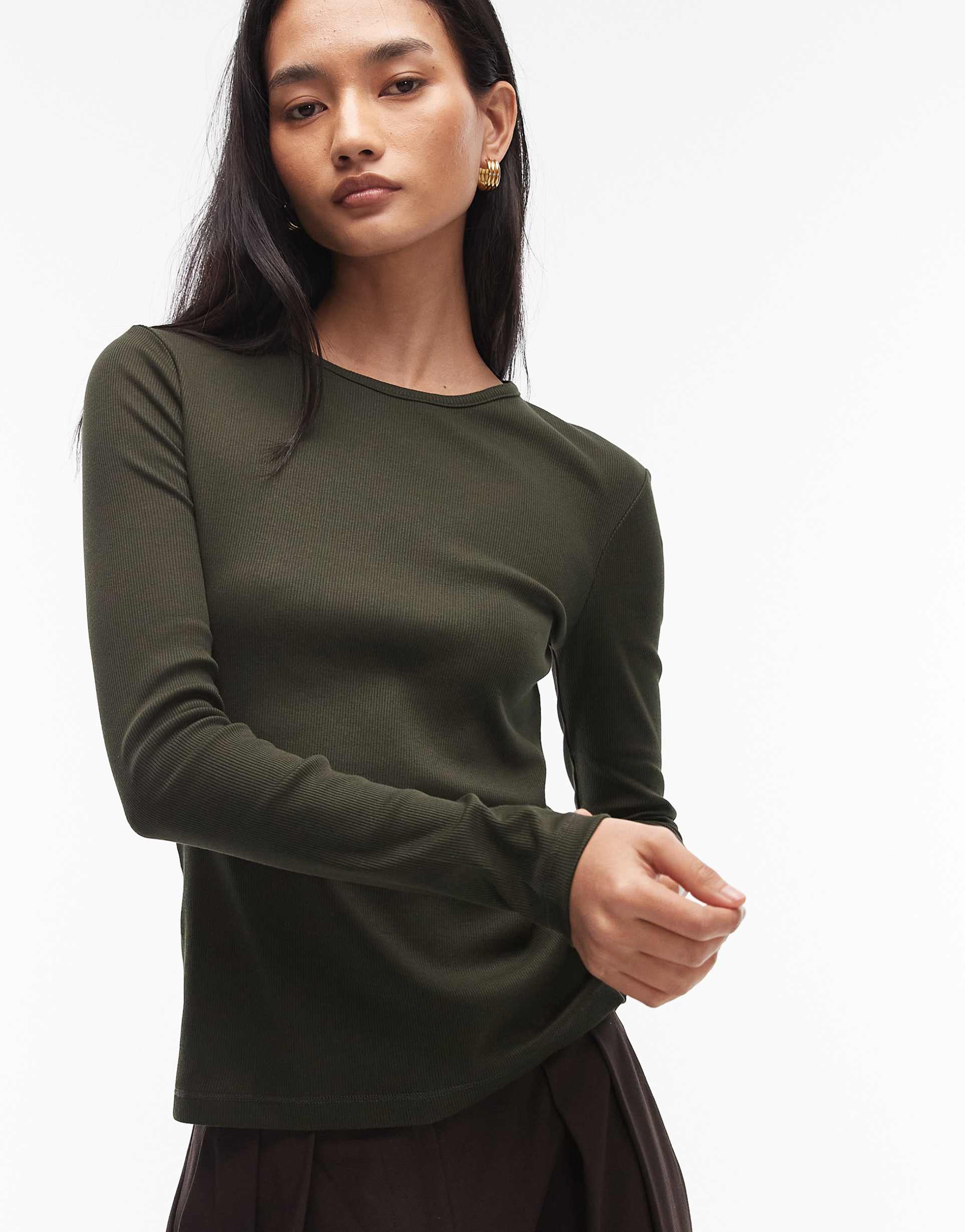 & other stories soft jersey ribbed long sleeve top in dark green