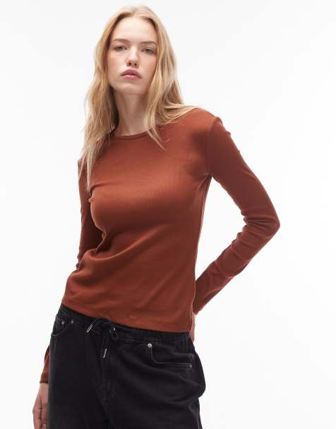 & Other Stories soft jersey ribbed long sleeve top in mocha brown - view 1
