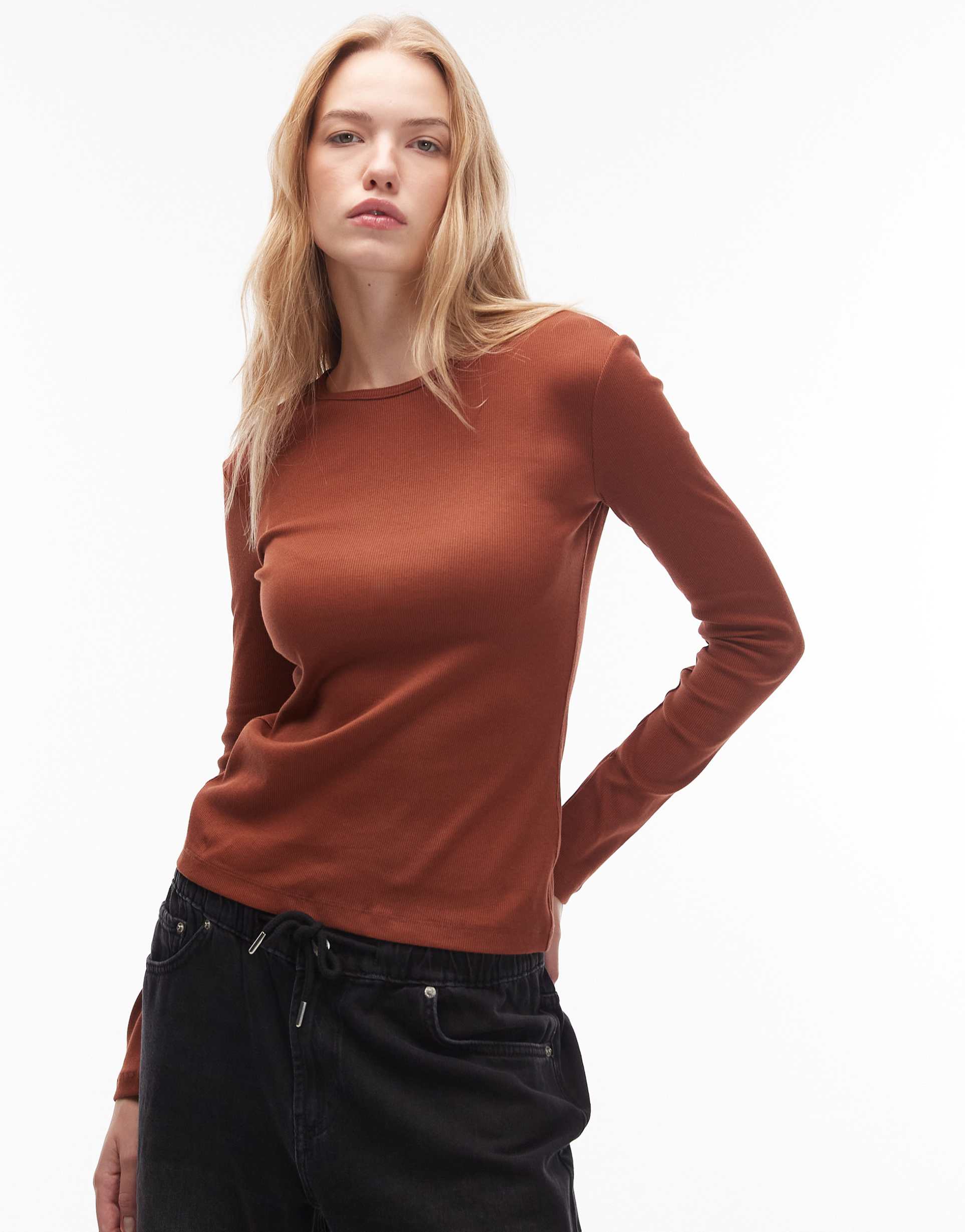 & other stories soft jersey ribbed long sleeve top in mocha brown