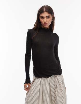 & Other Stories Soft Wool Rich Long Sleeve Top With High Neck And Frill Hem In Black
