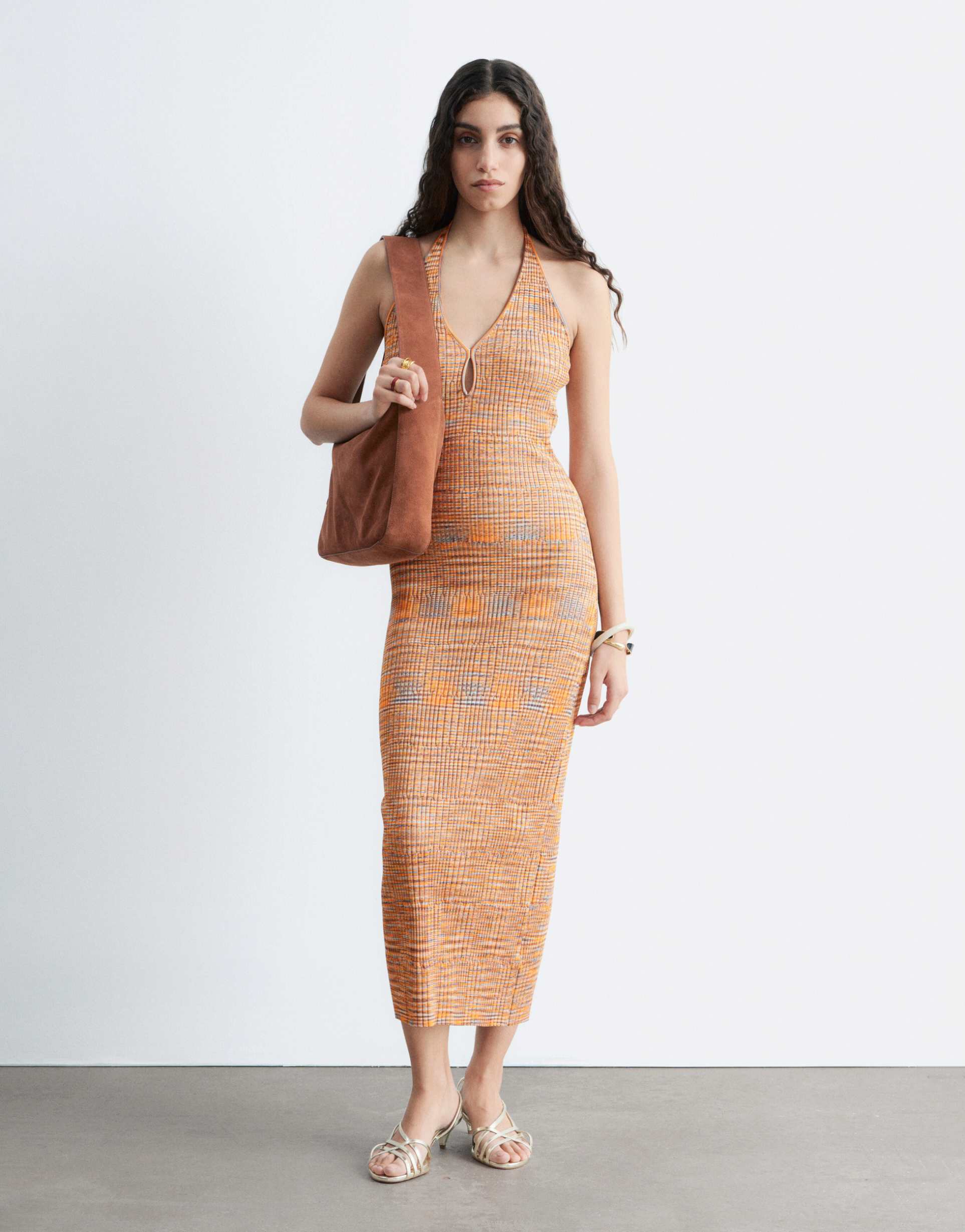 & other stories space dye knit halterneck dress with keyhole maxi dress in orange