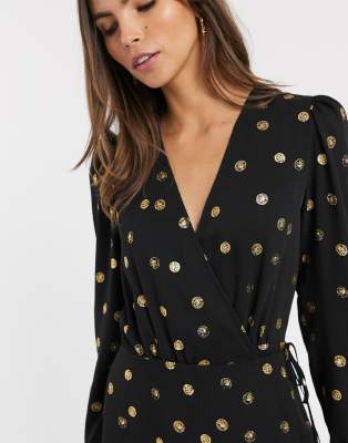 black print wrap dress