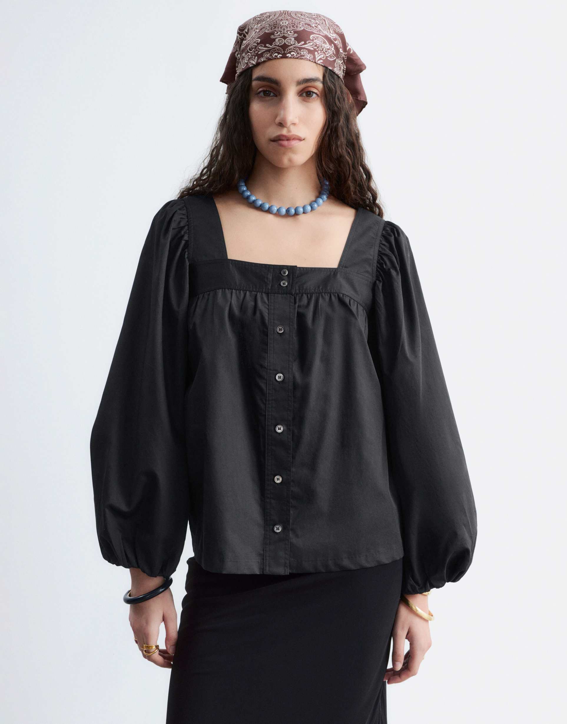 & other stories square neck button through blouse in black