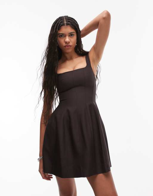 sachin and babi light blue dress & Other Stories Square Neck Corset Waist Mini Dress with Full Hem in Brown
