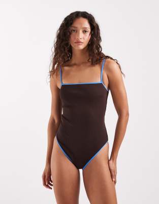 & Other Stories Square Neck High Leg Ribbed One-piece Swimsuit In Brown