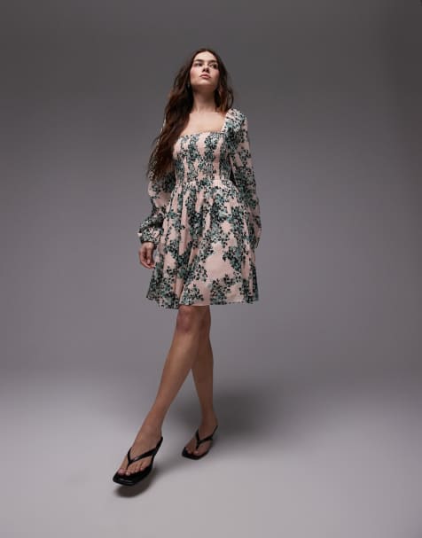 & Other Stories square neck mini dress with shirred bodice and peep cut out back in floral print - view 1