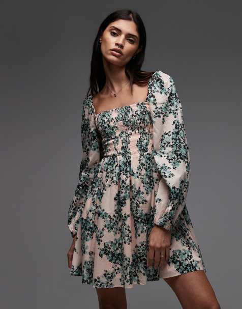 & Other Stories square neck mini dress with shirred bodice and peep cut out back in floral print
