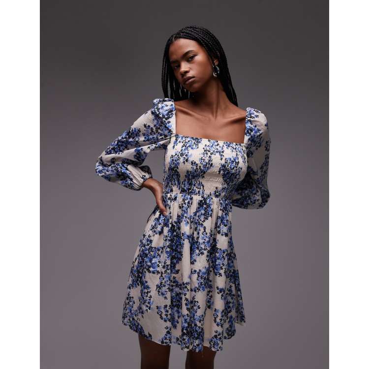 & Other Stories square neck mini dress with shirred bodice in blue