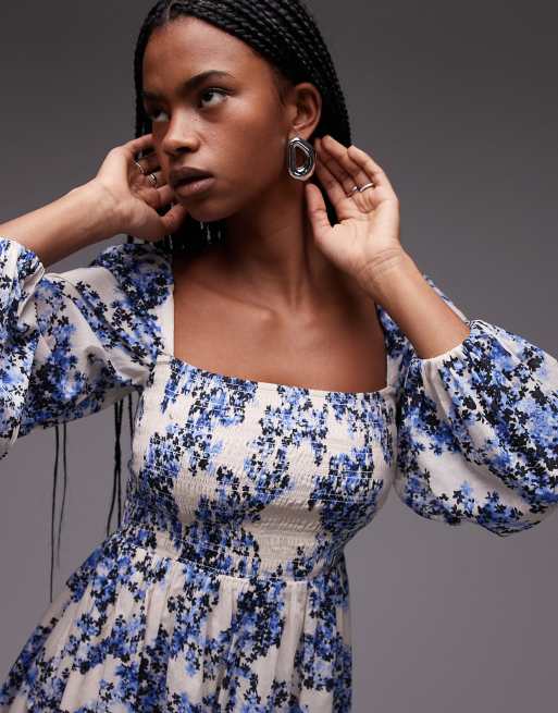 blue floral square neck dress Sail to Sable Floral VINE Print Square Neck Dress Floral VINE Print / XS / SP23106 main image 1