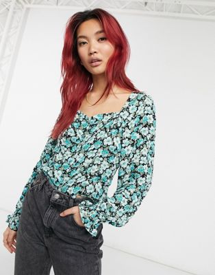 & Other Stories square neck puff sleeve blouse in green floral - MULTI - ASOS Price Checker
