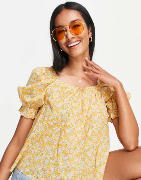 & Other Stories square neck top with puff sleeves in romantic floral
