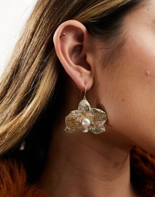 & Other Stories statement floral earrings with faux pearls in gold