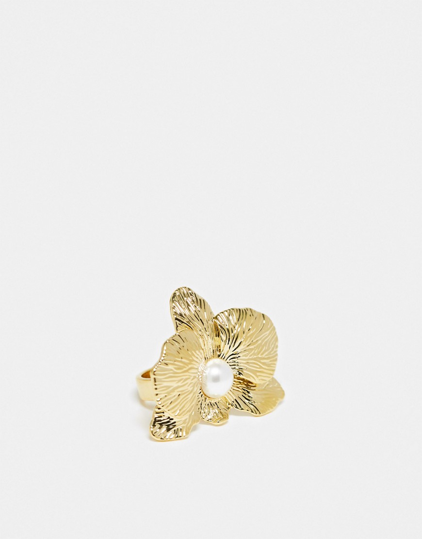 & Other Stories statement floral ring with faux pearl in gold