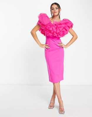 Other Stories Statement Tulle Trim Midi Dress In Pink
