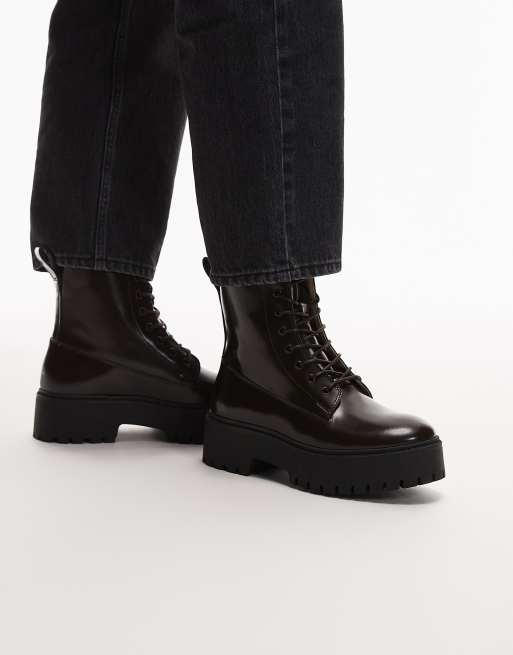 & Other Stories - Stivaletti stringati in pelle color marrone scuro con suola spessa 