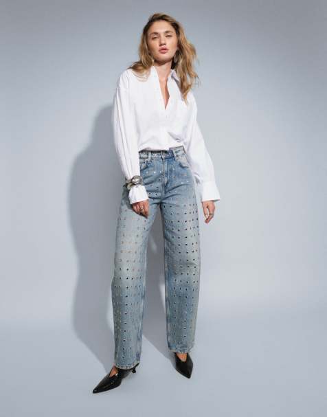 & Other Stories straight leg jeans with eyelets in mid wash blue - view 1